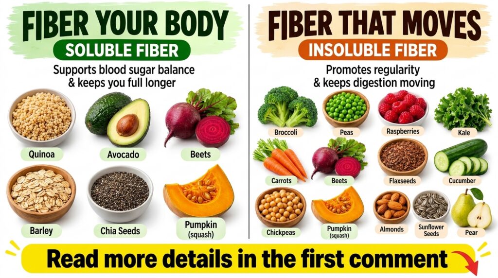 An infographic showcasing various food items rich in fiber categorized into soluble fiber and insoluble fiber The image 