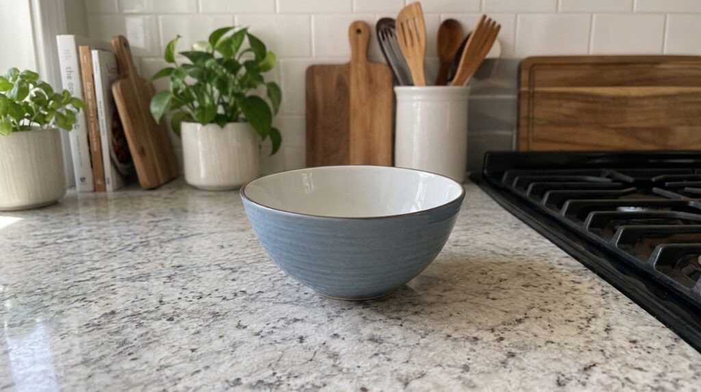 A light blue ceramic bowl with a brown rim centrally placed on a speckled granite countertop In the soft-focus backgroun