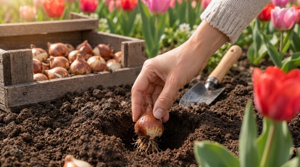 A hand gently placing a tulip bulb into dark fertile soil with other bulbs and blurred red and pink tulips in the backgr