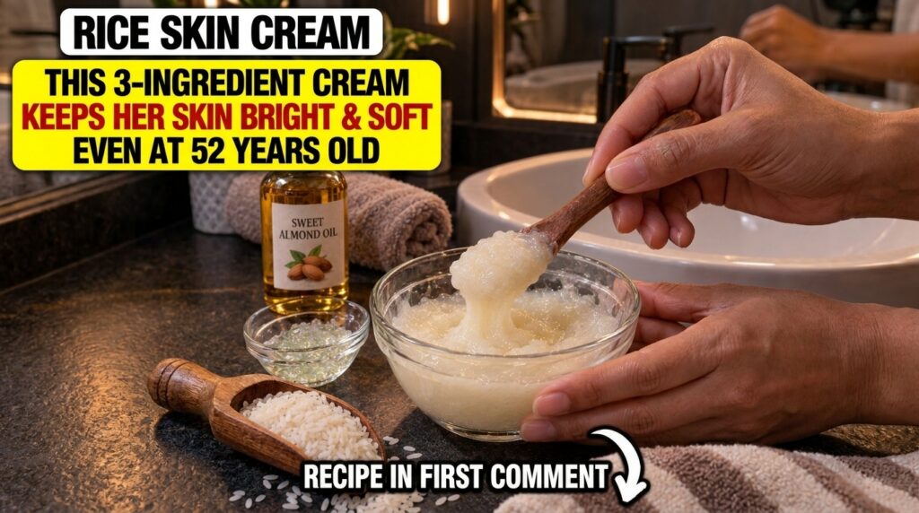 A close-up top-down view of ingredients for a rice cream being mixed in a glass bowl with a wooden spoon A hand is stirr