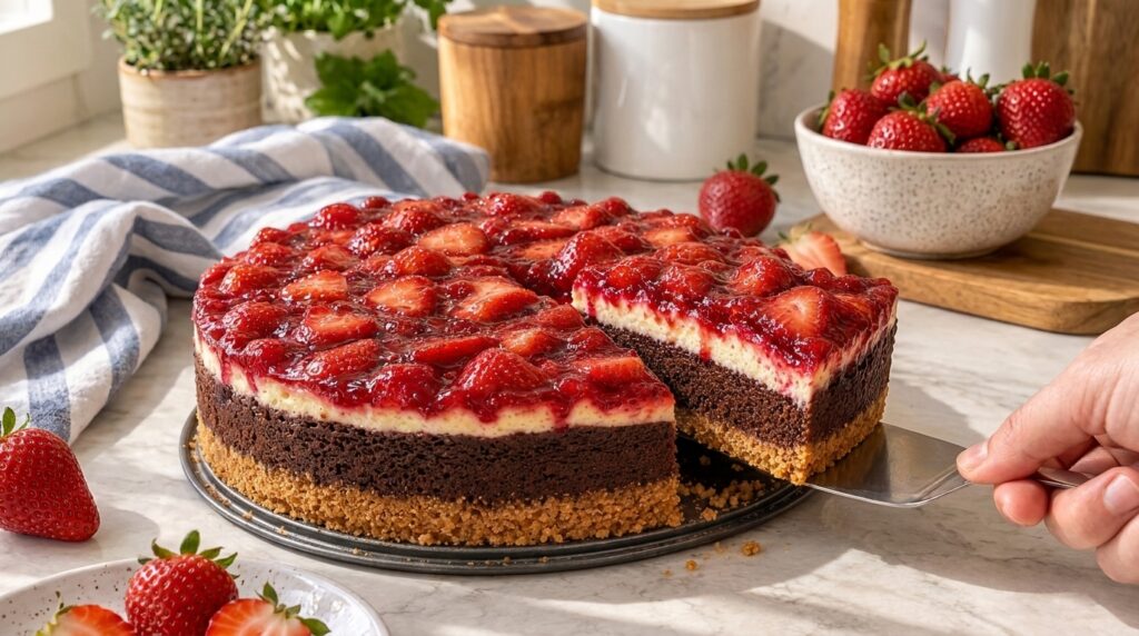 A decadent multi-layered vegan strawberry chocolate cheesecake with a slice being lifted showing the graham cracker crus