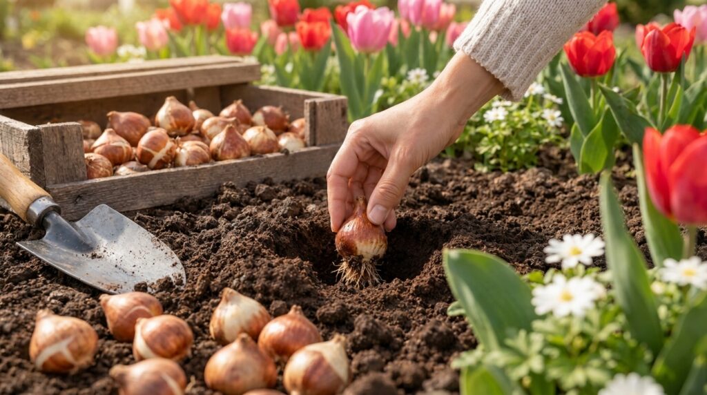 A hand gently places a tulip bulb with visible roots into dark rich soil A wooden crate with more bulbs is nearby and a 