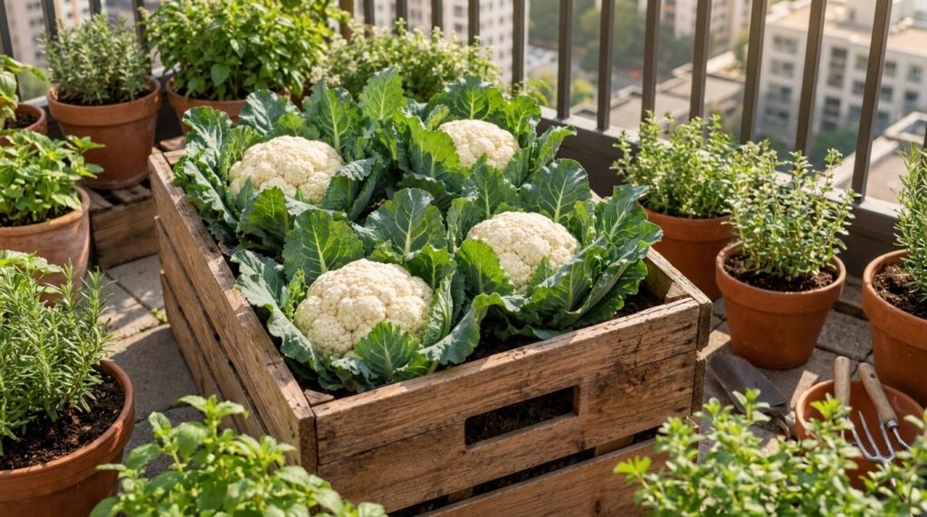 Four mature cauliflower plants with large white heads and vibrant green leaves growing in a wooden raised planter box on