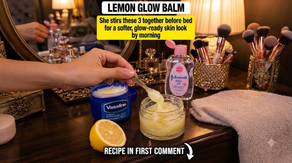 A hand stirring a yellow viscous mixture in a glass jar with a spoon with Vaseline Johnson s baby oil and sliced lemon v