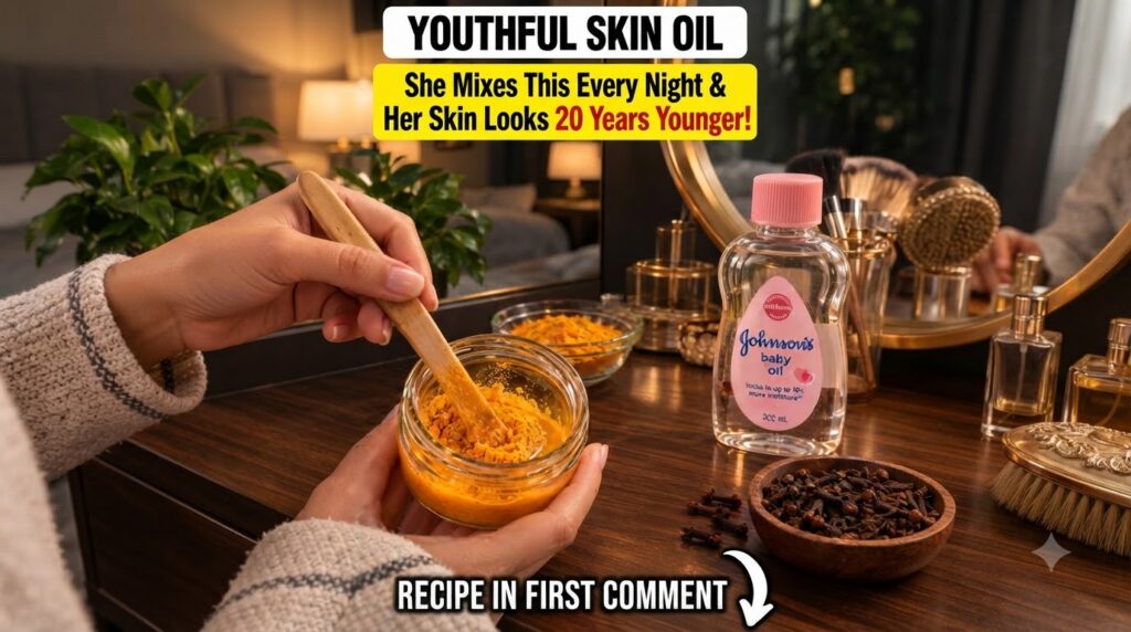 Hands mixing turmeric powder with baby oil in a small glass jar using a wooden stick On a wooden surface there is a bott