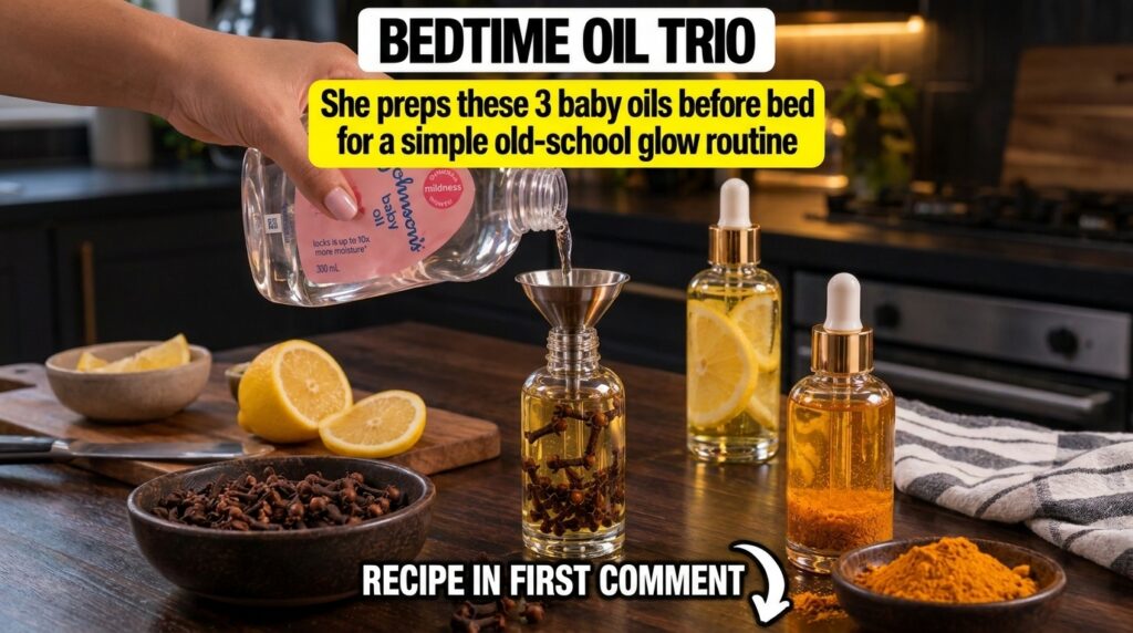 A person pouring baby oil into a dropper bottle with cloves alongside other bottles with lemon and turmeric on a wooden 