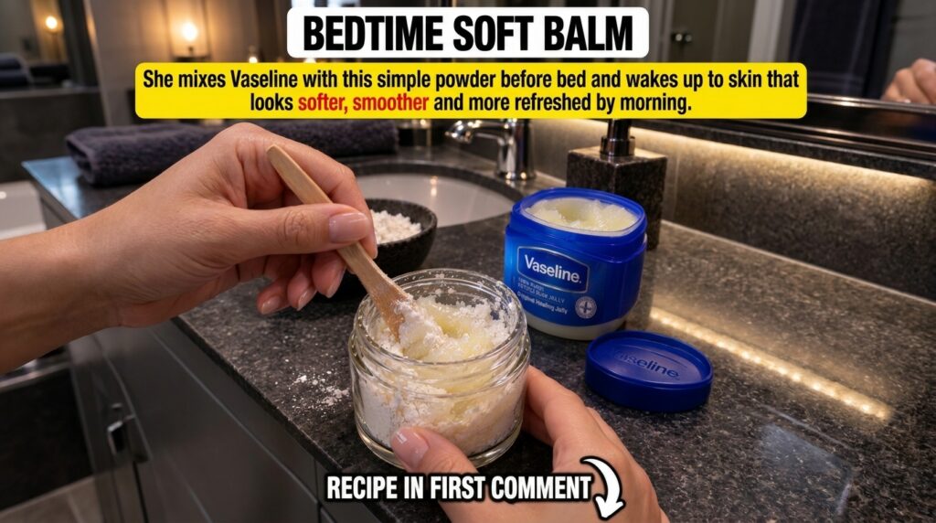 Hands mixing white rice powder with petroleum jelly Vaseline in a small clear glass jar using a wooden stick on a dark c