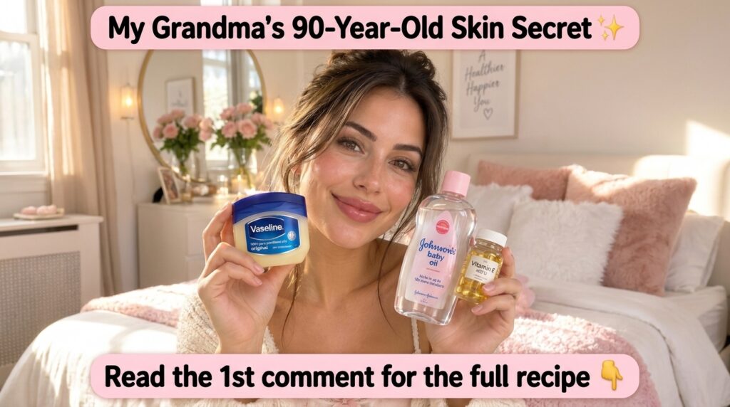 A smiling young woman holding up Vaseline Johnson s baby oil and Vitamin E capsules against a softly lit background