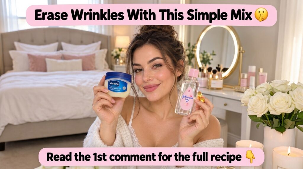A smiling woman holding Vaseline Johnson s Baby Oil and two Vitamin E capsules in a soft domestic setting