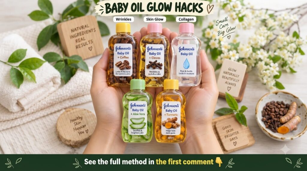 Two hands cupped together holding five small bottles of Johnson s Baby Oil each infused with a different natural ingredi