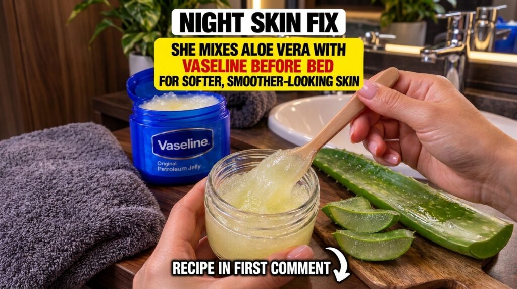A person s hand holding a small glass jar containing a light-yellow gel-like mixture of aloe honey and Vaseline A wooden
