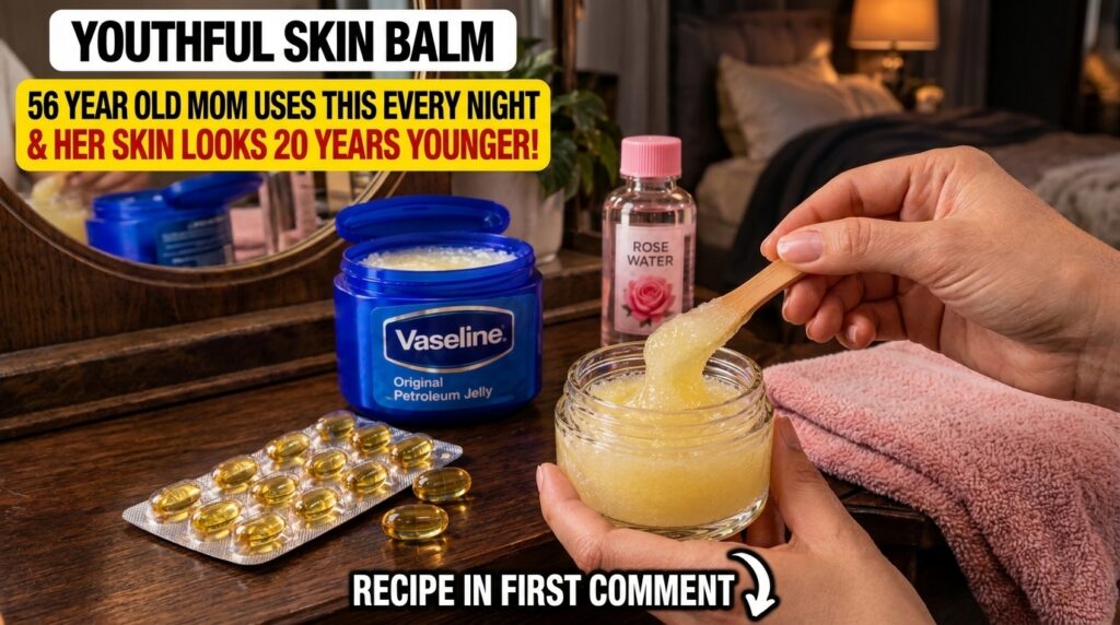 Hands holding a small glass jar of homemade yellow balm with a wooden spoon scooping some out In the background an open 