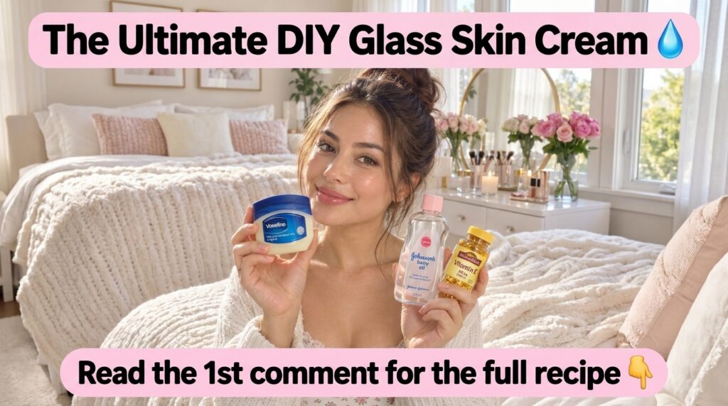 A smiling woman holding Vaseline petroleum jelly Johnson s baby oil and Nature Made Vitamin E capsules