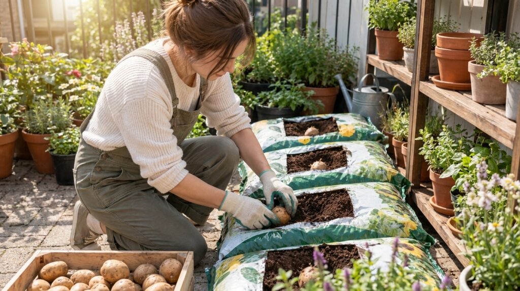 A woman in overalls and gardening gloves kneeling to plant seed potatoes in a grow bag filled with soil A wooden crate o