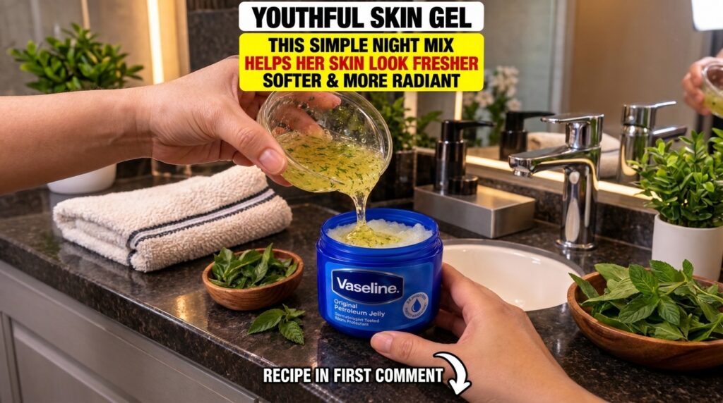 Hands pouring a green tea and honey gel into a tub of Vaseline on a bathroom vanity with green leaves in the background