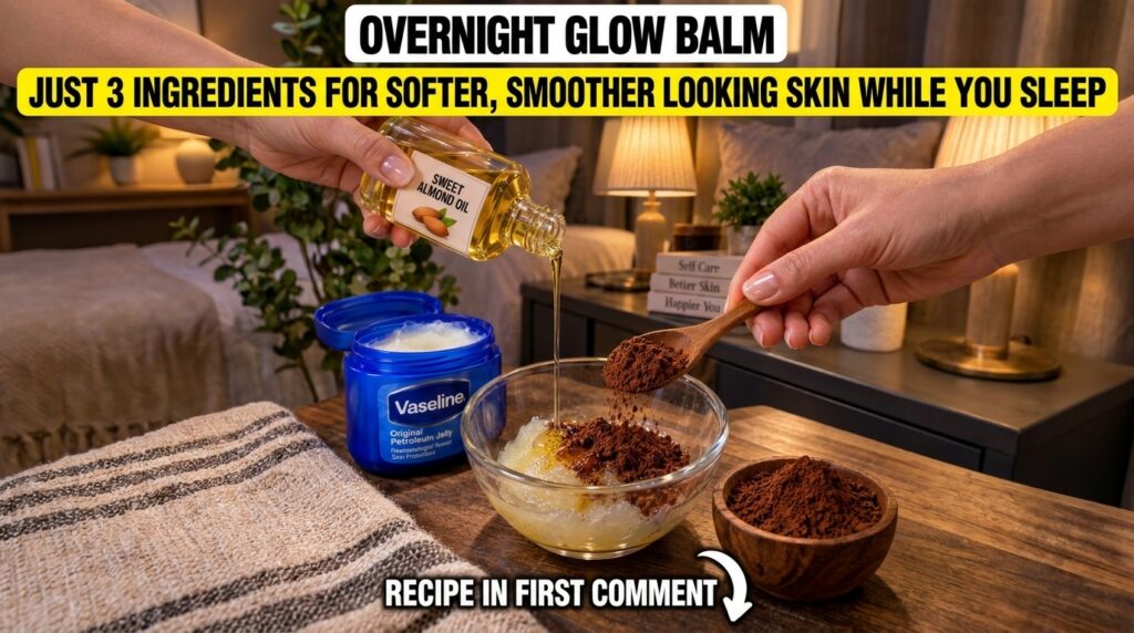 Close-up of hands pouring sweet almond oil into a glass bowl with petroleum jelly and brown powder a wooden spoon adds m
