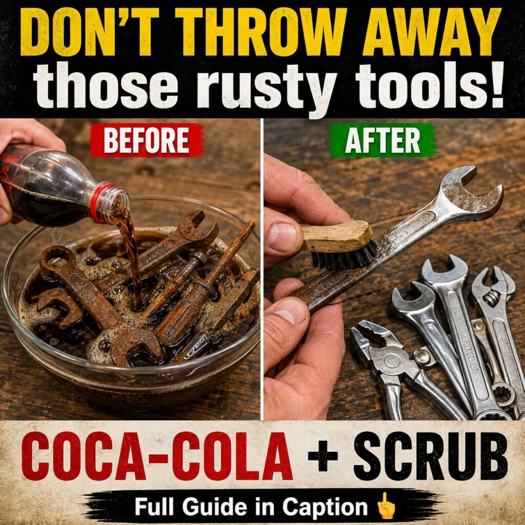 Before and after showing rusty tools being restored using Coca-Cola and scrubbing