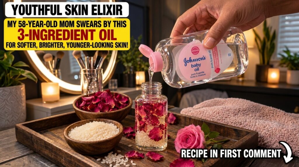 A hand is pouring Johnson s baby oil into a glass bottle containing red rose petals and white rice set on a wooden tray 