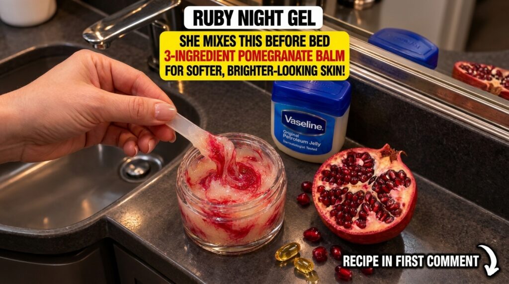 A close-up of a homemade beauty balm in a glass jar being stirred with a spatula Surrounding it are Vaseline a halved po