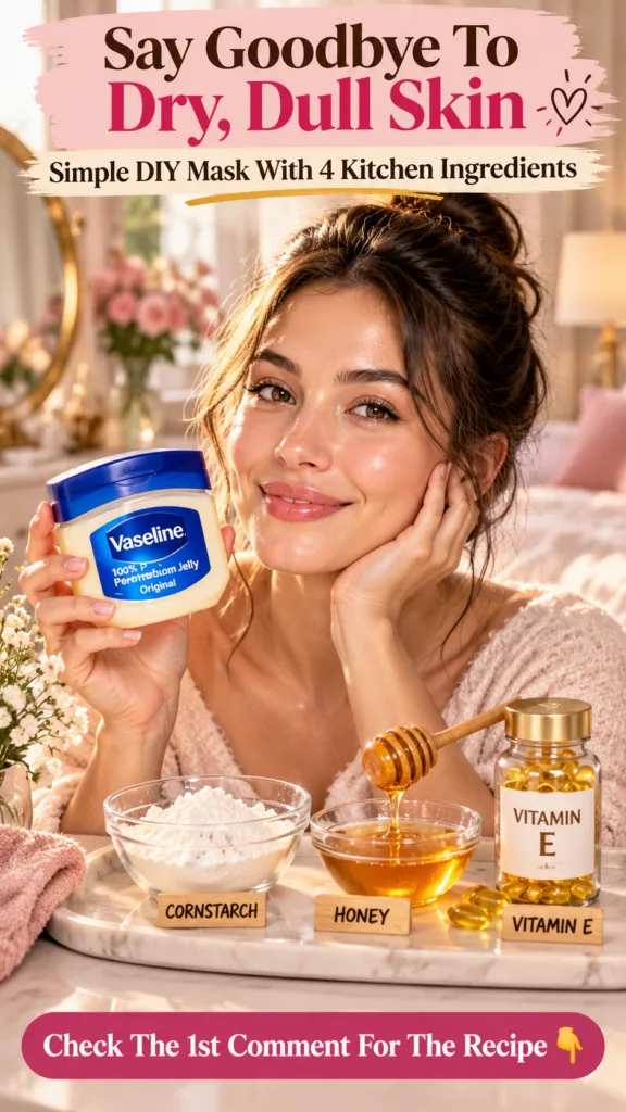 A smiling woman holding a jar of Vaseline with cornstarch honey and Vitamin E capsules on a white marble tray below her 