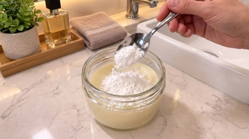 A hand pouring white kaolin clay from a spoon into a glass bowl with pale yellow chamomile tea on a modern bathroom coun