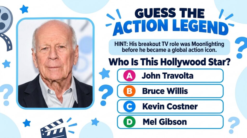 A brightly colored trivia game graphic featuring a headshot of Bruce Willis at its center with film-related icons like a