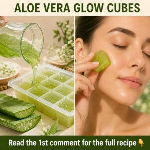 A split image showing fresh aloe vera gel being poured into an ice cube tray on one side and a woman gently applying a f