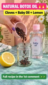 Ingredients for natural botox oil whole cloves a bottle of baby oil and fresh lemons on a rustic wooden surface