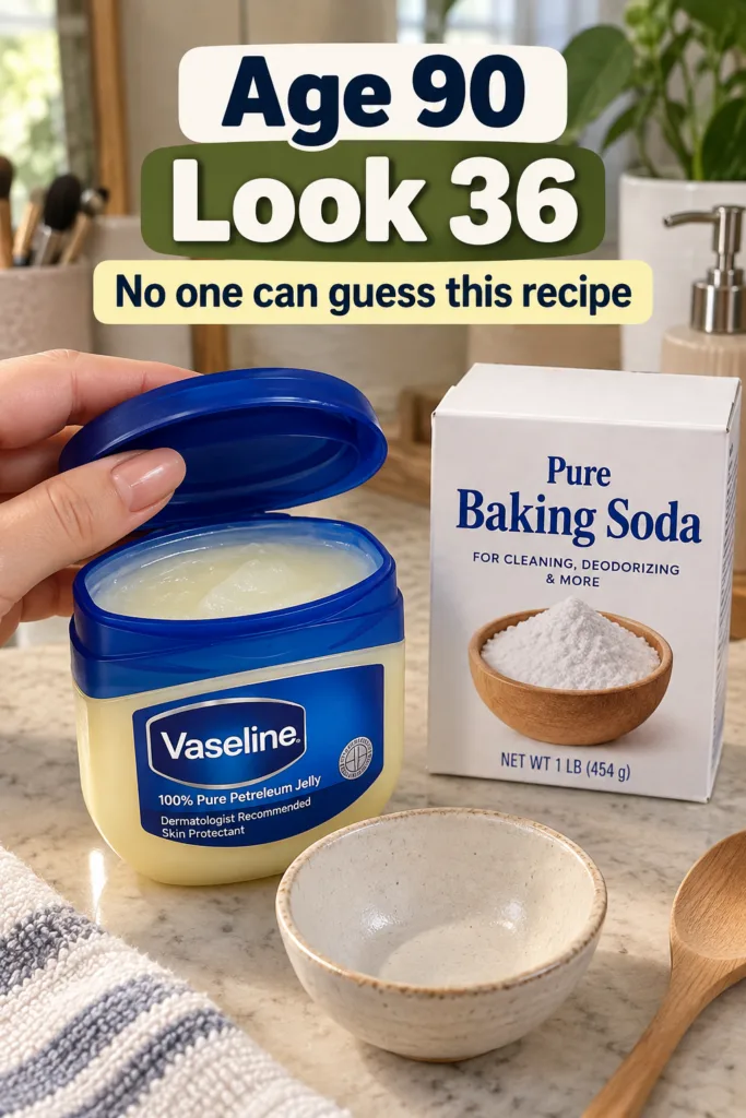 A hand holding an open jar of Vaseline and a box of baking soda with an empty ceramic bowl and wooden spoon on a light c