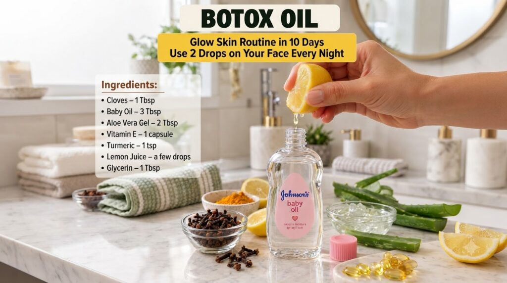 A hand squeezing lemon juice into a bottle of baby oil surrounded by turmeric aloe vera gel vitamin E capsules and lemon