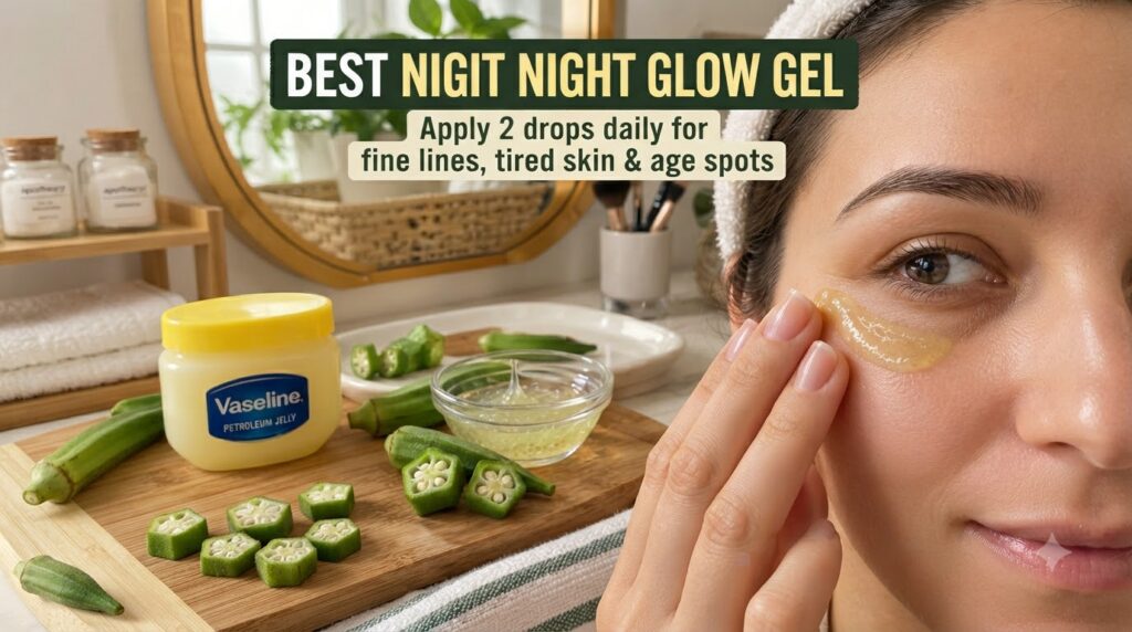 A woman applying a yellowish gel to her cheek with her hand and eye prominent In the background a jar of Vaseline a bowl