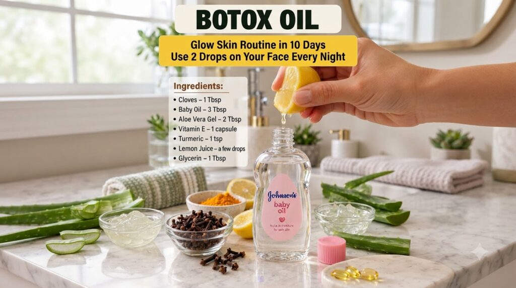 A hand squeezing a lemon with drops falling into a bottle of baby oil Around it are bowls of turmeric and cloves lemon h
