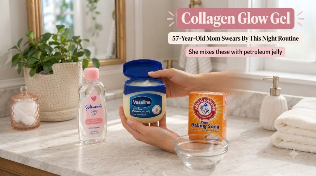 A pair of hands holding an open tub of Vaseline with a bottle of baby oil and a box of baking soda on a bathroom counter
