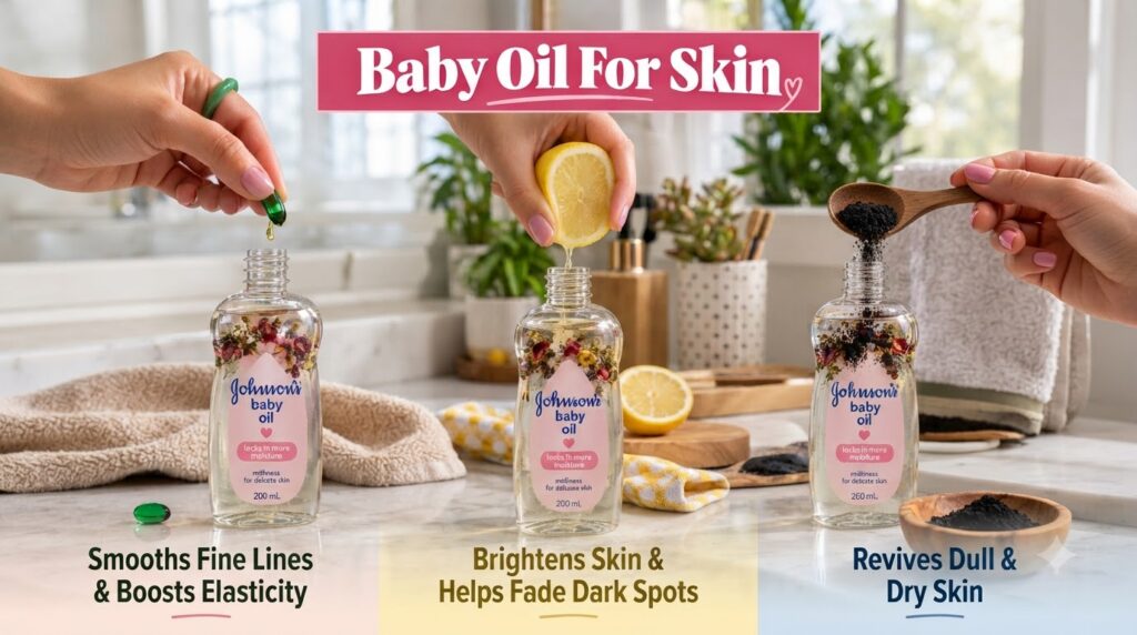 Three bottles of Johnson s baby oil each being enhanced with a different natural ingredient by a hand One bottle has Vit