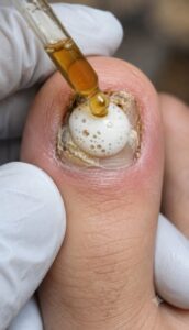 A close-up of a foot with a discolored toenail showing signs of fungus being gently soaked in a small basin of bubbling 