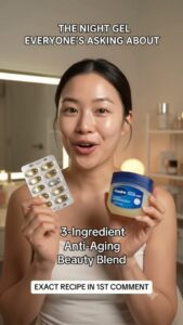 A still life image showing small containers of Vaseline Vitamin E capsules and a jar of aloe vera gel on a light-colored