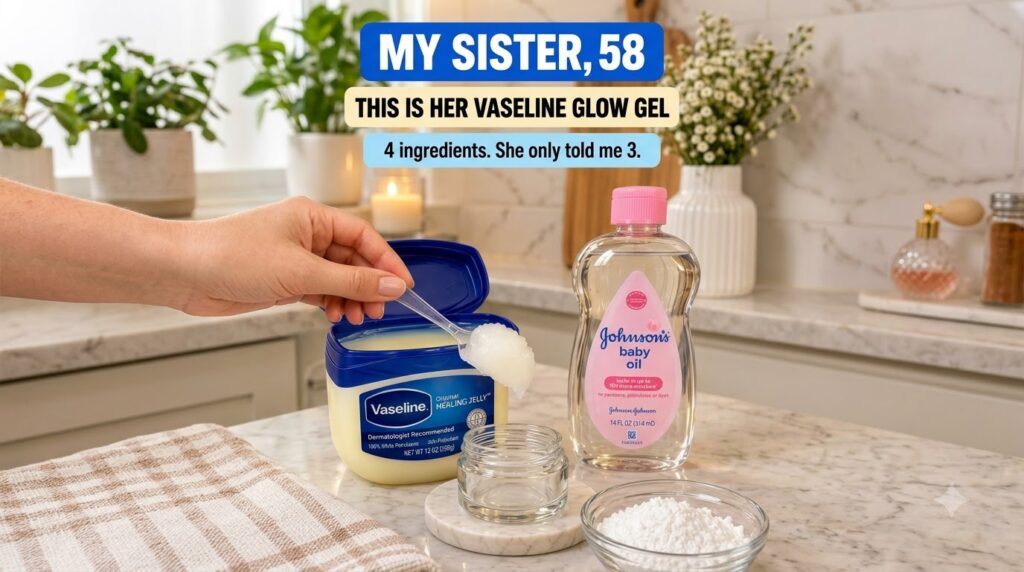 Ingredients laid out for a DIY Vaseline glow gel an open jar of Vaseline a bottle of baby oil a bowl of white powder and