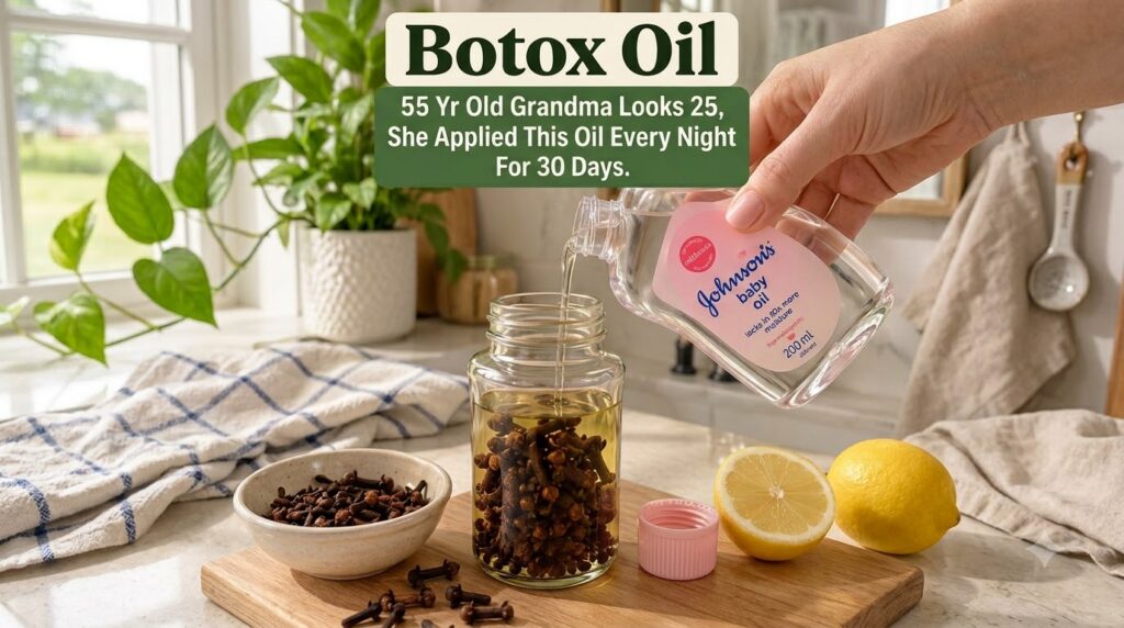 A close-up of hands pouring Johnson s baby oil into a glass jar filled with cloves on a wooden board A bowl of extra clo