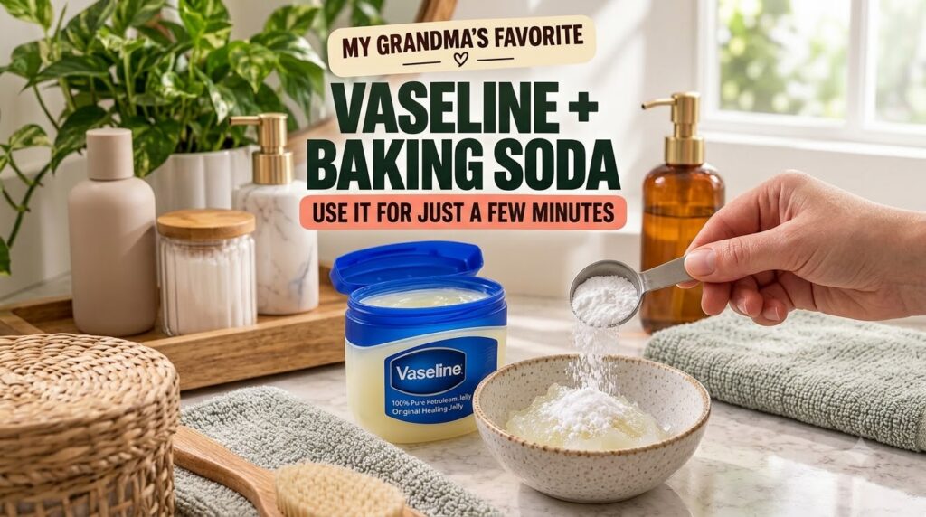 A close-up shot of a hand using a measuring spoon to add baking soda to a bowl of Vaseline on a marble countertop with a