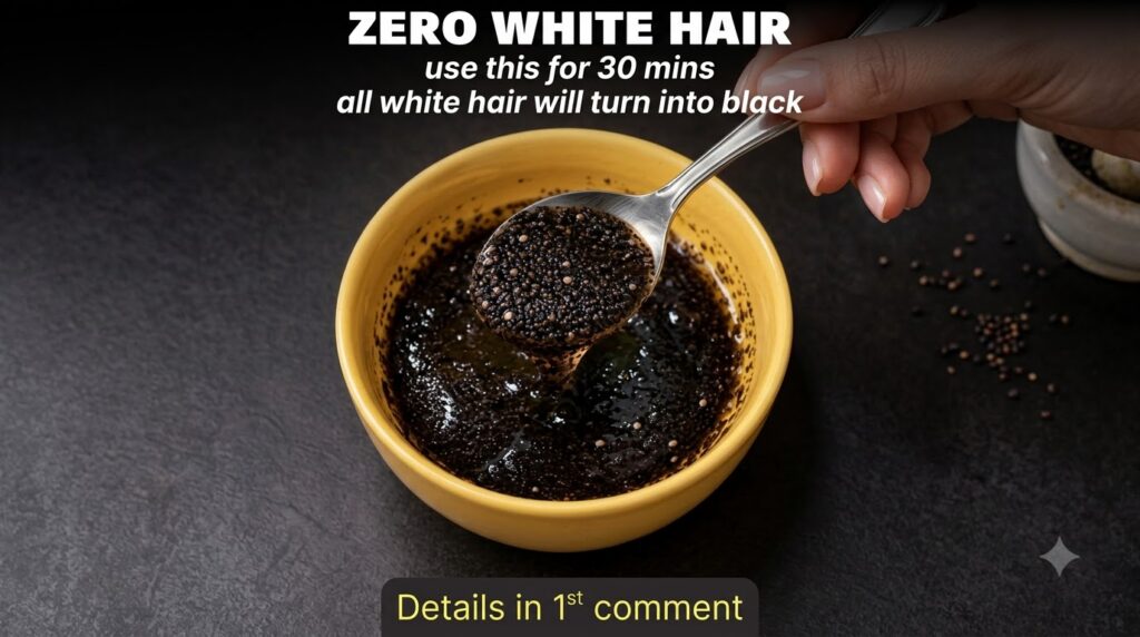 A yellow bowl filled with a thick dark gel-like substance containing tiny black seeds with a hand scooping some with a s