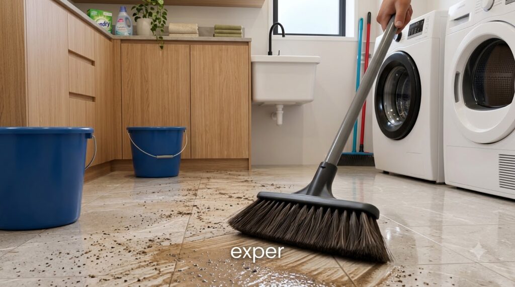 A person sweeping a muddy tiled floor with a stiff-bristled broom and water pushing the dirty water towards a drain or c