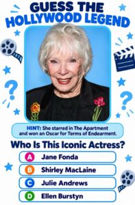A smiling elderly woman with white hair wearing a black top with two floral brooches in the style of a quiz graphic with