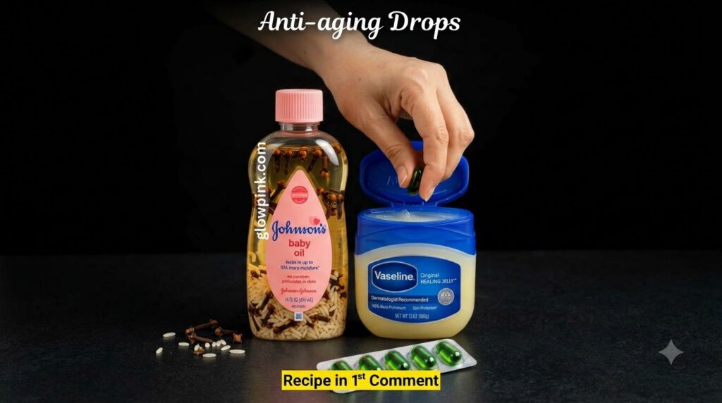 Ingredients for an anti-aging remedy a bottle of baby oil infused with cloves and rice an open tub of Vaseline and green