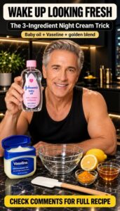 Ingredients for a 3-ingredient overnight cream a jar of petroleum jelly a bottle of baby oil and a small bottle of golde