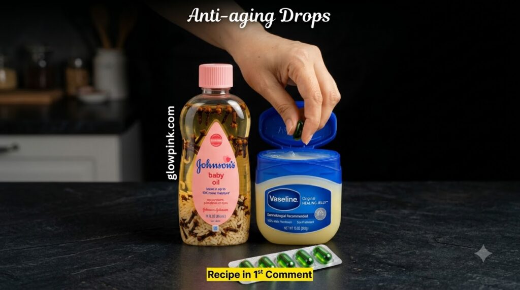 A close-up of a DIY anti-aging skin balm being prepared showing a small bottle of baby oil infused with cloves and rice 
