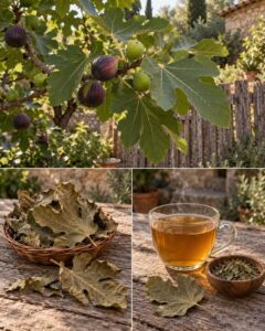A close-up shot of fresh vibrant green fig leaves on a branch highlighted by natural sunlight
