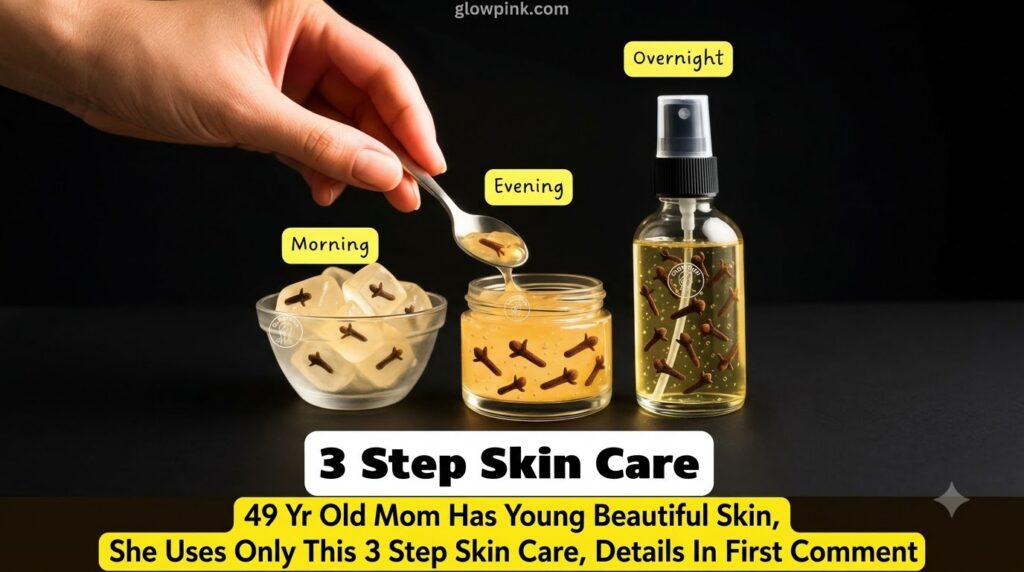 A three-panel image showing a skincare routine Panel 1 Clove-infused ice cubes labeled Morning Panel 2 A creamy clove co