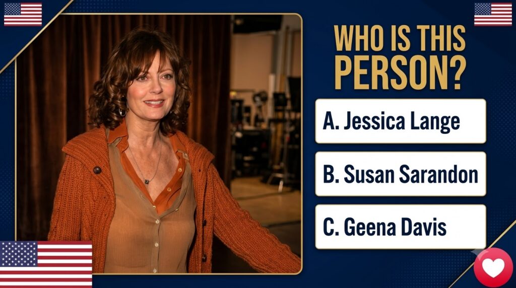 A quiz image showing a smiling woman with classic Hollywood features in a golden-bordered frame next to the question WHO