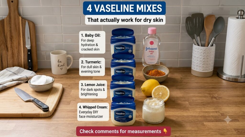 A top-down view of four small glass jars each containing a different Vaseline mix one with baby oil one with turmeric po