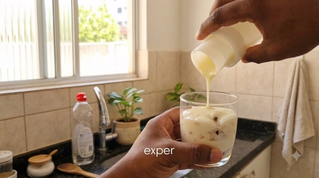 Hands pouring creamy liquid into a glass to make a layered dessert